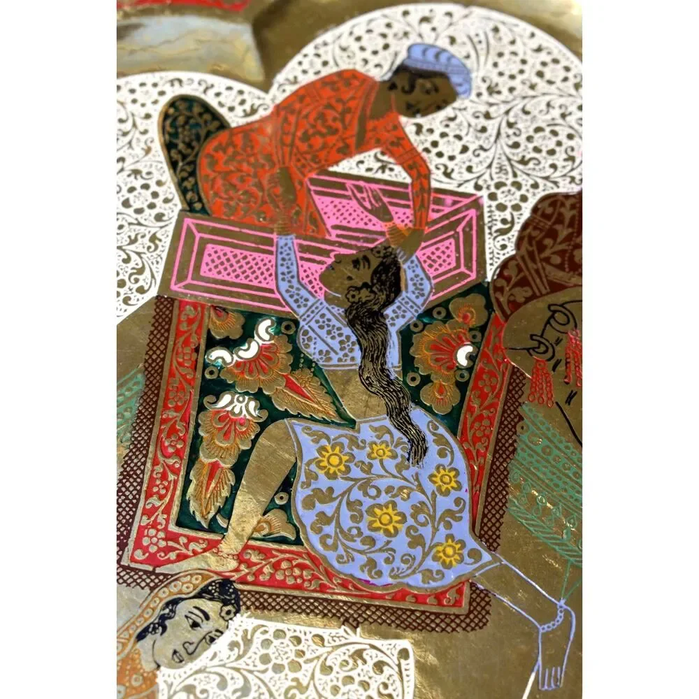 Vintage India Brass Art Plate - Royalty on Elephant & Peacock Scene - 14.25